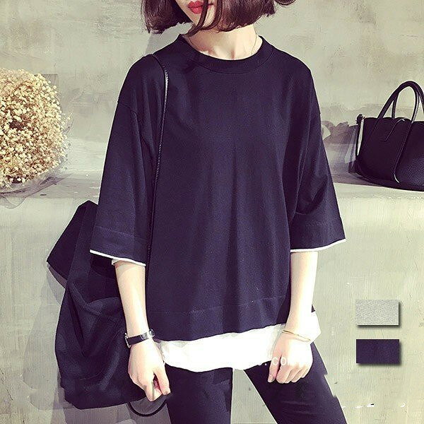 3-Quarter Sleeves - 重ね着風無地Tシャツ 五分袖 重ね着風無地Tシャツ
