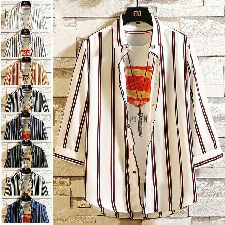 開襟シャツ ストライプシャツ 七分