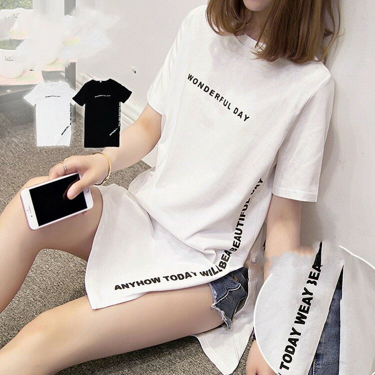 Rakuten - レディース 半袖 サイドスリット ロング丈 カットソー 英文字 プリント 黒 白