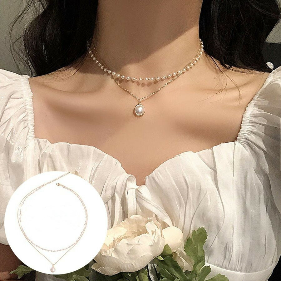 Rakuten - レディース 2連 フェイクパール チェーンネックレス