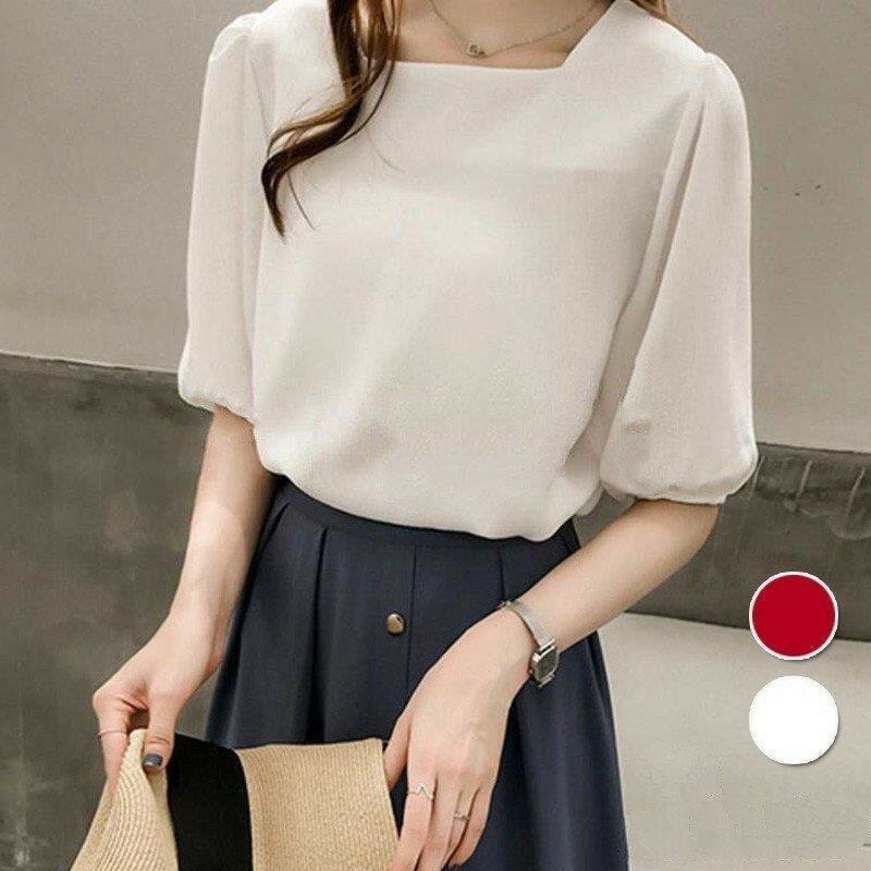 レディース きれいめ 春夏 ブラウス パフスリーブ 白トップス 半袖ブラウス 韓国風 トップス 大きいサイズ 大人のサムネイル