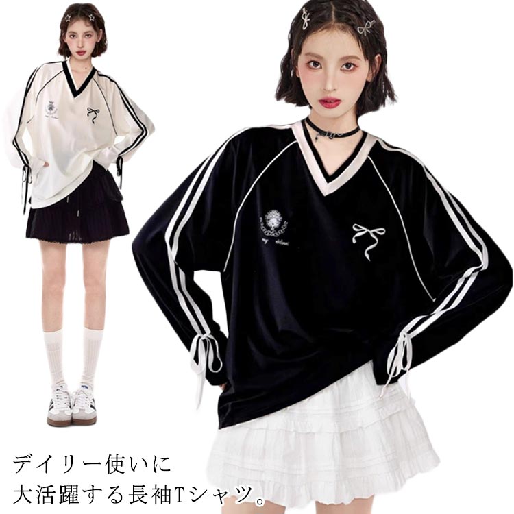 乐天商城 - リボン レディース レディース トップス 長袖 Tシャツ tシャツ カットソー ゆったり オーバーサイズ ティシャツ きれいめ 大きいサイズ 体型カバー シンプル カジュアル