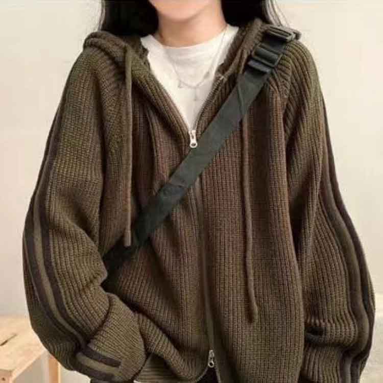 CURIOSのゆったり 羽織 カーディガン ダブルジップ ニットパーカー フード付き セーター トップス 春 秋 ニットパーカー ニット 着痩せ Vネック カジュアル おしゃれ 無地 シンプル｜アングル3