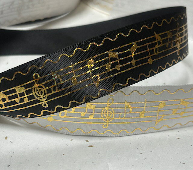 国内外缝纫材料 - 【音符柄】片面サテンリボンテープ約25mm幅1メートル～