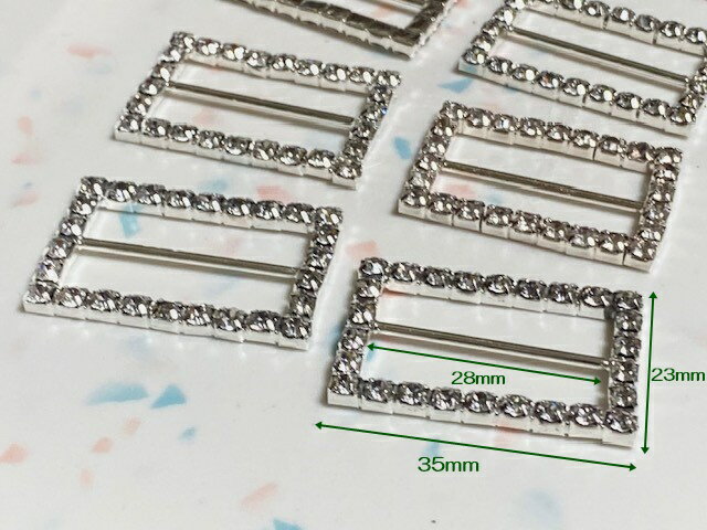 【飾りバックル】35x23mmシルバー台座★長方形・ラインストーンのバックル1個