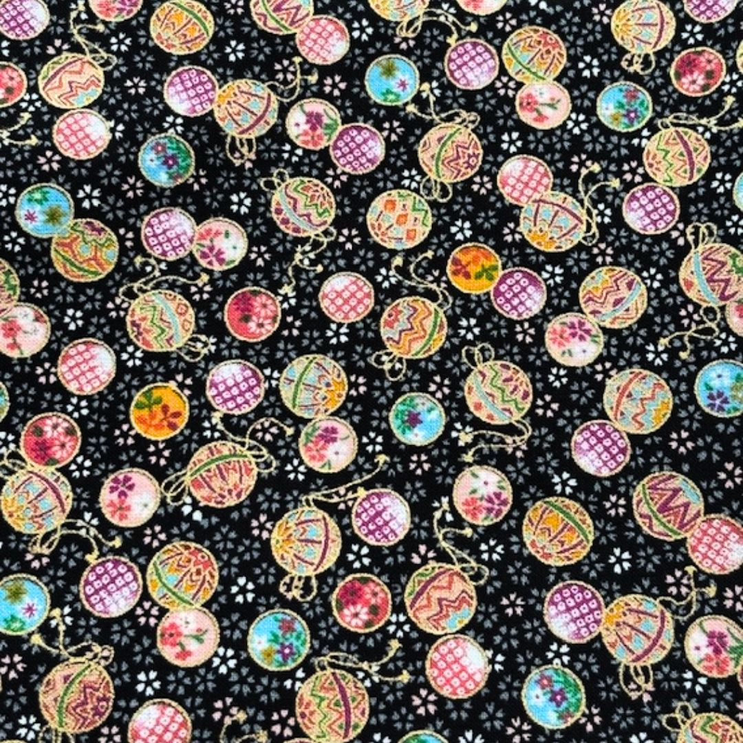 【ハギレ】プリント生地和柄2 毬柄 約54x50cmカット済