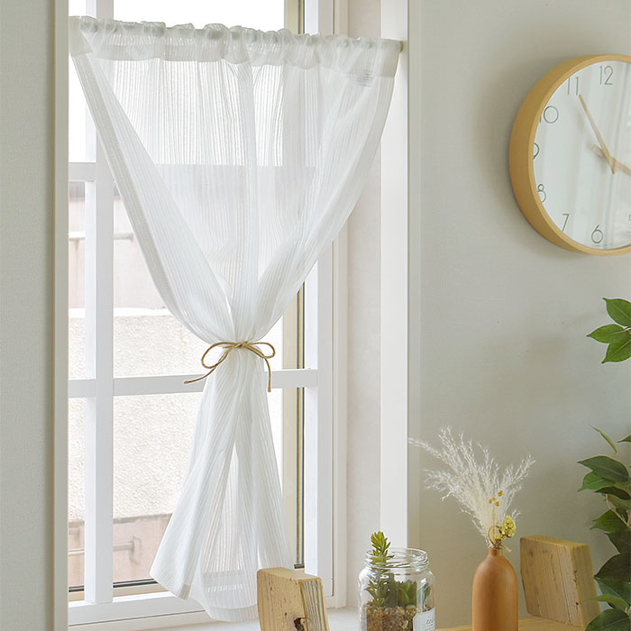 カフェカーテン レースカーテン キャシー オーダー 小窓 ポール通し 突っ張り棒通し ホワイト 白 ストライプ ミラー UVカット uv 洗える