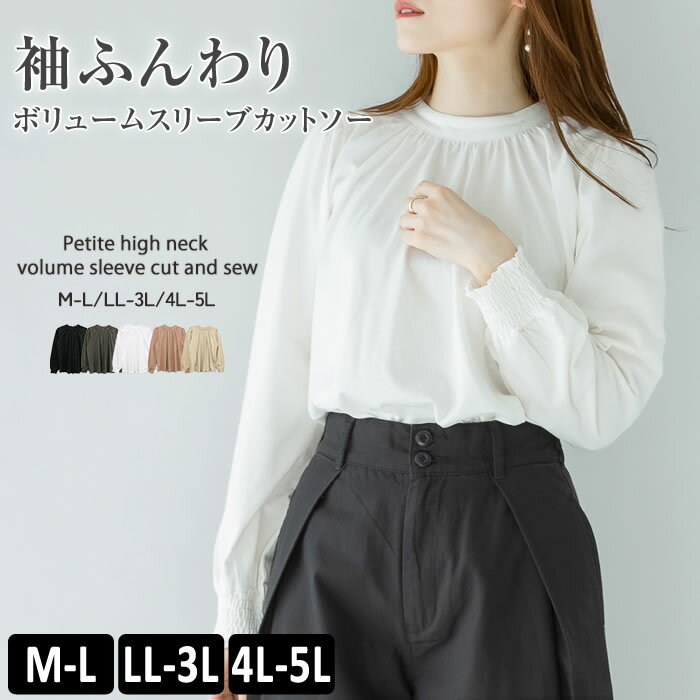 樂天商城 - ＼500円クーポン有／ カットソー レディース 【ゆうメール便送料無料】 ロンt クルーネック トップス 長袖 袖ふんわり カジュアル [5営業日以内入荷][ M L LL 3L 4L ][ atONE アットワン ] ( プチハイネックボリュームスリーブカットソー )