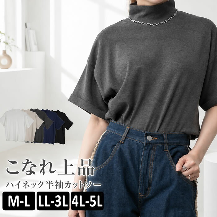 Rakuten - ＼500円クーポン有／ カットソー 半袖 レディース 【ゆうメール便送料無料】 ハイネック tシャツ おしゃれ シンプル [5営業日以内入荷]【 大きいサイズ レディース 】[ M L LL 3L 4L ][ LARU ラルー ] ( ハイネック半袖カットソー )