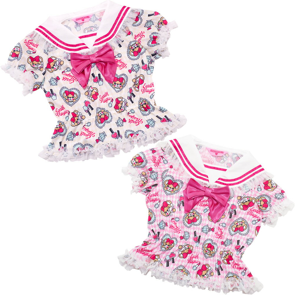 【正規取扱店】EARTHMAGIC【30%OFF】アースマジック 2022春夏 コスメ柄セーラーカラーブラウス アイボリー ピンク マフィー セーラー襟 半袖 女児 女の子 子供服 トップス 100 110 120 130 140