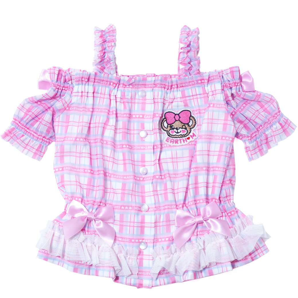 EARTHMAGIC【正規取扱店】アースマジック チェック柄チュールオフショルダーブラウス 白 ネイビー 紺 ホワイト マフィー 半袖 オープンショルダー 女児 女の子 子供服 キッズ トップス 3