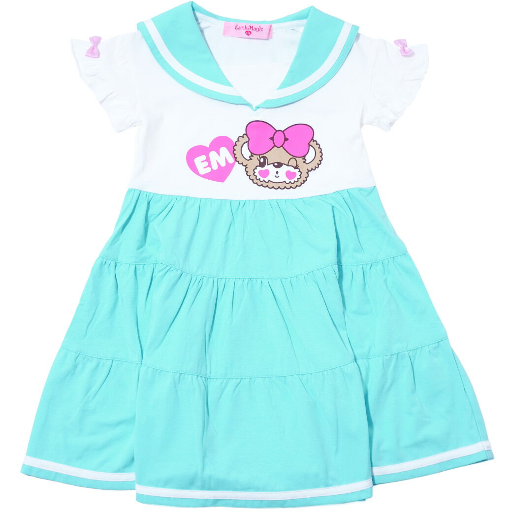 乐天商城 - 【残り100cmのみ/50%OFF】EARTHMAGIC アースマジック セーラーカラーベア天竺ワンピース ペールピンク エメグリ 緑 グリーン マフィー 半袖 女児 女の子 子供服 キッズ 半額