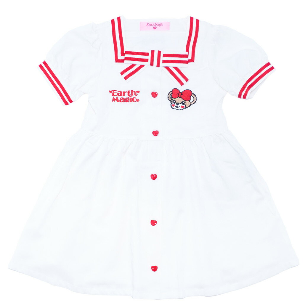 Rakuten - 【110～140cm/50%OFF】EARTHMAGIC アースマジック スクエアネックダンガリーワンピース マフィー 女児 女の子 子供服 キッズ ホワイト 白 赤 レッド 半袖 半額
