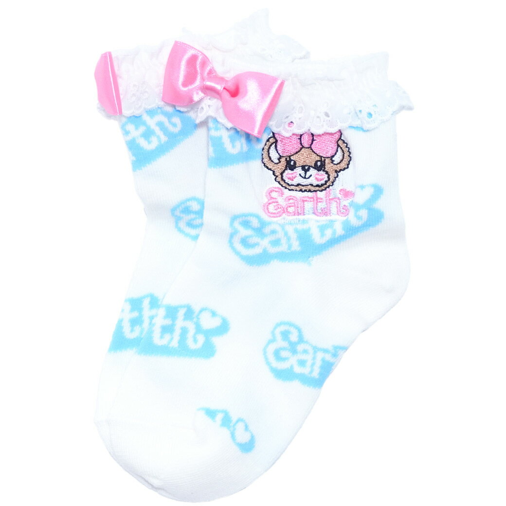 【EARTHMAGIC正規取扱店】アースマジック 日本製 ロゴ総柄ショートソックス マフィー 女児 女の子 子供服 キッズ 13-15 16-18 19-21 22-24cm 白 ホワイト 水色【50%OFF】
