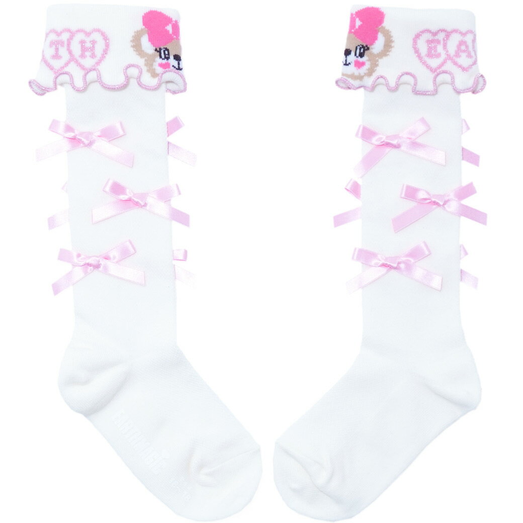 【EARTHMAGIC正規取扱店】アースマジック 2025春 日本製 リボン付き折り返しメッシュハイソックス アクセサリー 靴下 女児 女の子 子供服 キッズ 白 ホワイト 黒 ブラック