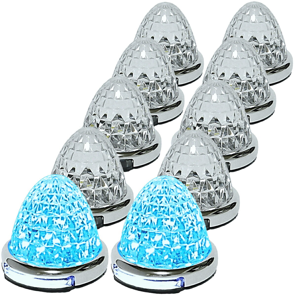 送料無料 12V 24V トラック用 LED マーカーランプ 路肩灯機能付 22LED サイド マーカー メッキリング 5面クリスタルカット仕様 汎用 ブルー 10個セット