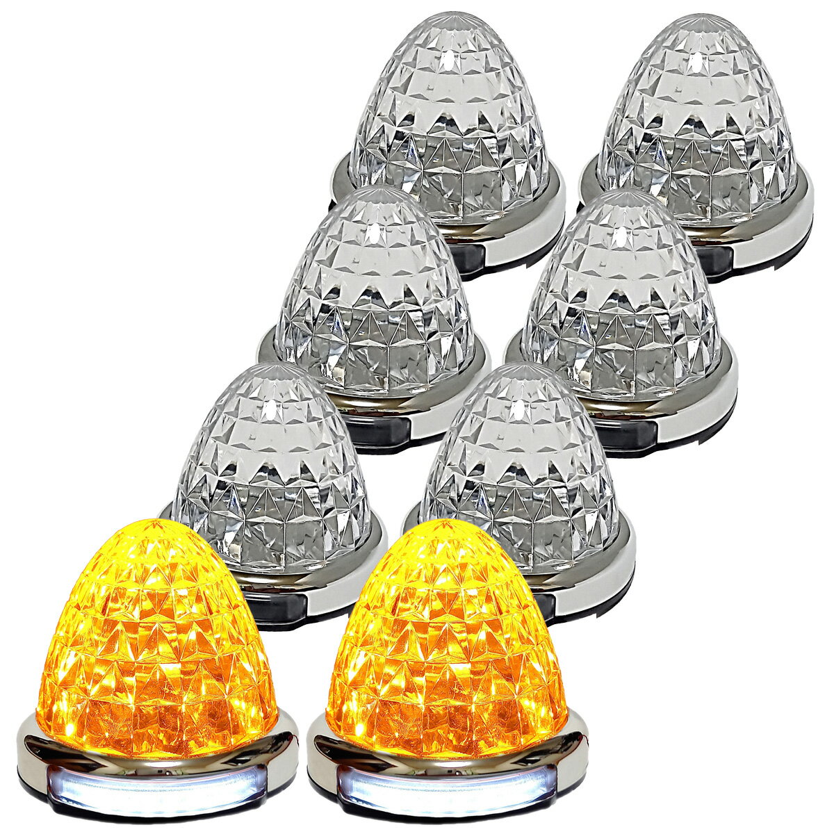 Rakuten - 送料無料 12V 24V トラック用 LED マーカーランプ 路肩灯機能付 22LED サイド マーカー メッキリング 5面クリスタルカット仕様 オレンジ 汎用 8個セット