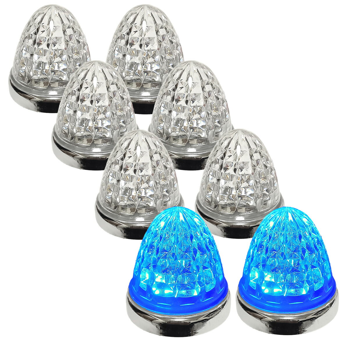 Cu 24V メッキリング LED マーカーランプ サイド マーカー トラック用 標識 クリスタルカット仕様 16LED 汎用 シーリングタイプ防水 IP67等級 8個セット クリアレンズ ブルー