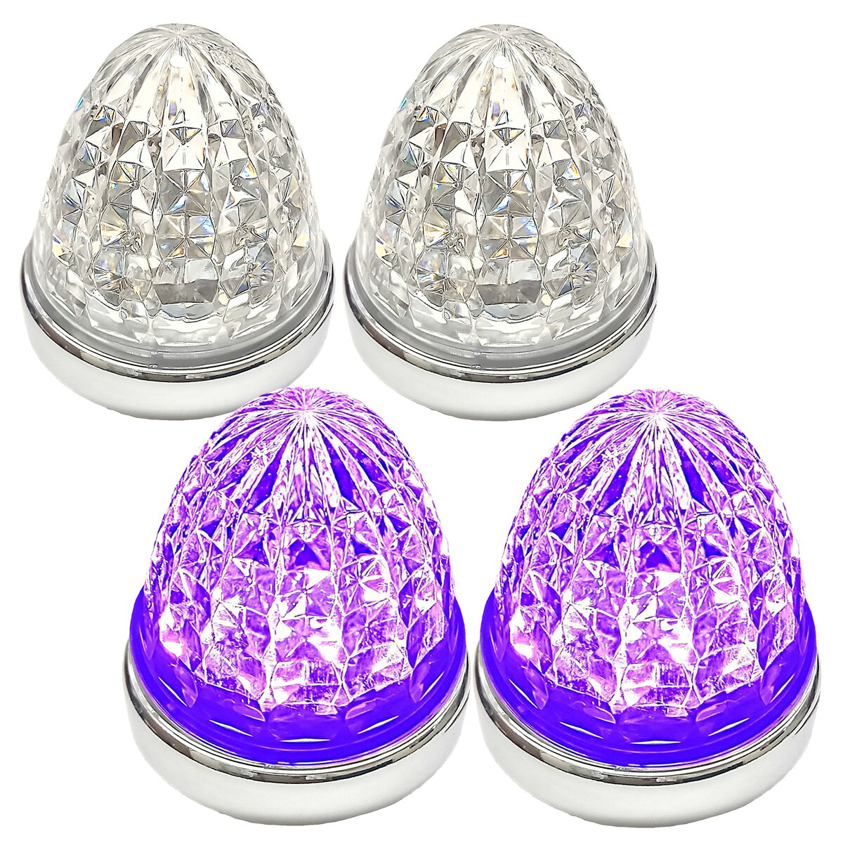 Cu 24V メッキリング LED マーカーランプ サイド マーカー トラック用 標識 クリスタルカット仕様 16LED 汎用 シーリングタイプ防水 IP67等級 4個セット クリアレンズ パープル トラック用品 サイドマーカーランプ マーカーライト トラック トラックマーカー ランプ サイド マーカー パープル 紫 マーカーランプ24v 2t 4t 大型 マーカーled IP67 防水 ・24V用 16LEDトラック用サイドマーカー・セット内容【パープル発光】マーカーランプ（クリアレンズ）×4個 (4個セット）・LED素子数： 16LED・適合電圧： 24V　電流： 0.35A（1個）　消費電力： 8.4W（1個）・サイズ： 横： 約86mm / 高さ： 約79mm24V用LEDを採用！ 消費電力も少なく明るいです！ 彩面クリスタル風レンズが目を引くサイドマーカー ◆LED素子数： 16LED ◆適合電圧： 24V　電流： 0.35A（1個）　消費電力： 8.4W（1個） ◆サイズ： 横： 約86mm / 高さ： 約79mm彩面レンズにより、はっきりとした色合いで 幻想的な輝き！ 彩面クリスタル風レンズが目を引くサイドマーカー クリスタル風レンズでデザイン性がUP! ※完全防水の商品ではございませんので、ご使用前にリング部・配線部にコーキング・ビニールテープなどで必ず防水処理をして下さい。コーキング部分、ビス部分も防水処置をおすすめします。※クリアレンズ、パープル発光のマーカーランプになります。「Customize」ロゴ入りタイプ 5