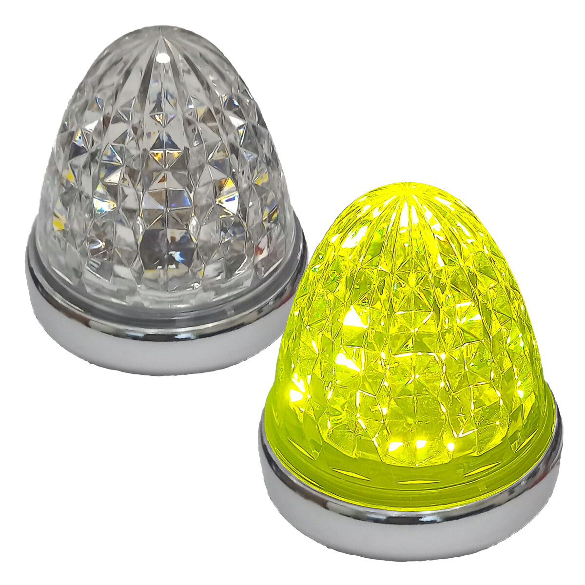 Cu 24V メッキリング LED マーカーランプ サイド マーカー トラック用 標識 クリスタルカット仕様 16LED 汎用 シーリングタイプ防水 IP67等級 2個セット クリアレンズ イエロー トラック用品 サイドマーカーランプ マーカーライト トラック トラックマーカー ランプ サイド マーカー イエロー ブルー マーカーランプ24v 2t 4t 大型 マーカーled IP67 防水 ・24V用 16LEDトラック用サイドマーカー・セット内容【イエロー発光】マーカーランプ（クリアレンズ）×2個 (2個セット）・LED素子数： 16LED・適合電圧： 24V　電流： 0.35A（1個）　消費電力： 8.4W（1個）・サイズ： 横： 約86mm / 高さ： 約79mm24V用LEDを採用！ 消費電力も少なく明るいです！ 彩面クリスタル風レンズが目を引くサイドマーカー ◆LED素子数： 16LED ◆適合電圧： 24V　電流： 0.35A（1個）　消費電力： 8.4W（1個） ◆サイズ： 横： 約86mm / 高さ： 約79mm彩面レンズにより、はっきりとした色合いで 幻想的な輝き！ 彩面クリスタル風レンズが目を引くサイドマーカー クリスタル風レンズでデザイン性がUP! ※完全防水の商品ではございませんので、ご使用前にリング部・配線部にコーキング・ビニールテープなどで必ず防水処理をして下さい。コーキング部分、ビス部分も防水処置をおすすめします。※クリアレンズ、イエロー発光のマーカーランプになります。「Customize」ロゴ入りタイプ 5