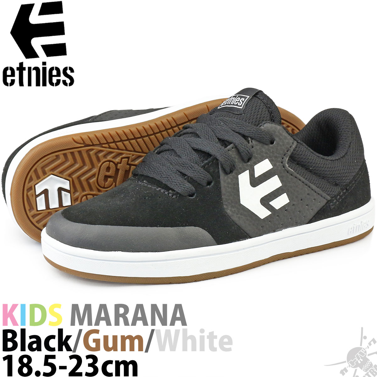 スケボー スケート シューズ キッズ 19-22cm エトニーズ マラナ ブラック Etnies Marana Kids Black/Gum/White スケートボード ブランド 靴 スニーカー 黒 子供 子ども こども おしゃれ