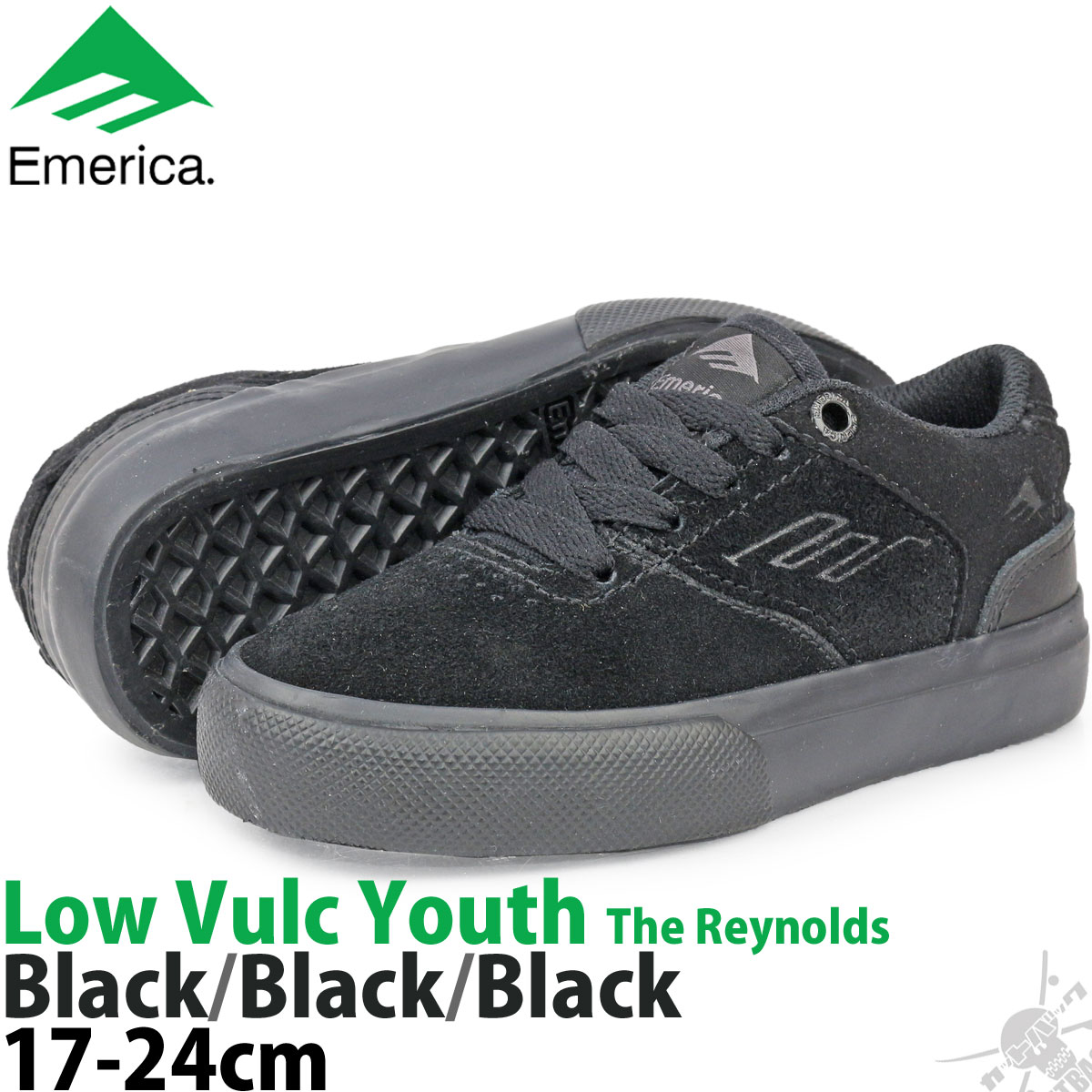 スケボー キッズ シューズ エメリカ 17-24cm The Reynolds Low Vulc Youth Black アンドリュー レイノルズ ロー バルク ユース ブラック スケートボード スニーカー 靴 スケシュー ストリート パーク ランプ ローカット ボーイズ ガールズ サイズ ブランド 黒