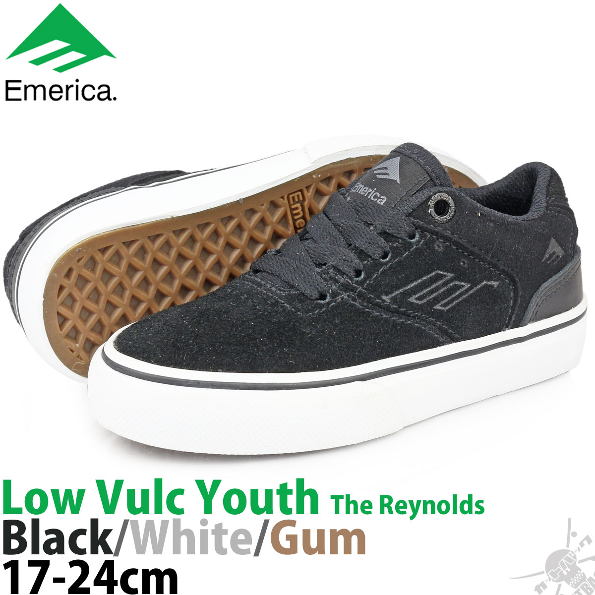 スケボー キッズ シューズ エメリカ 17-24cm The Reynolds Low Vulc Youth Black/White レイノルズ ロー バルク ユース ブラック/ホワイト スケートボード スニーカー 靴 スケシュー ストリート ローカット ボーイズ ガールズ サイズ ブランド 黒