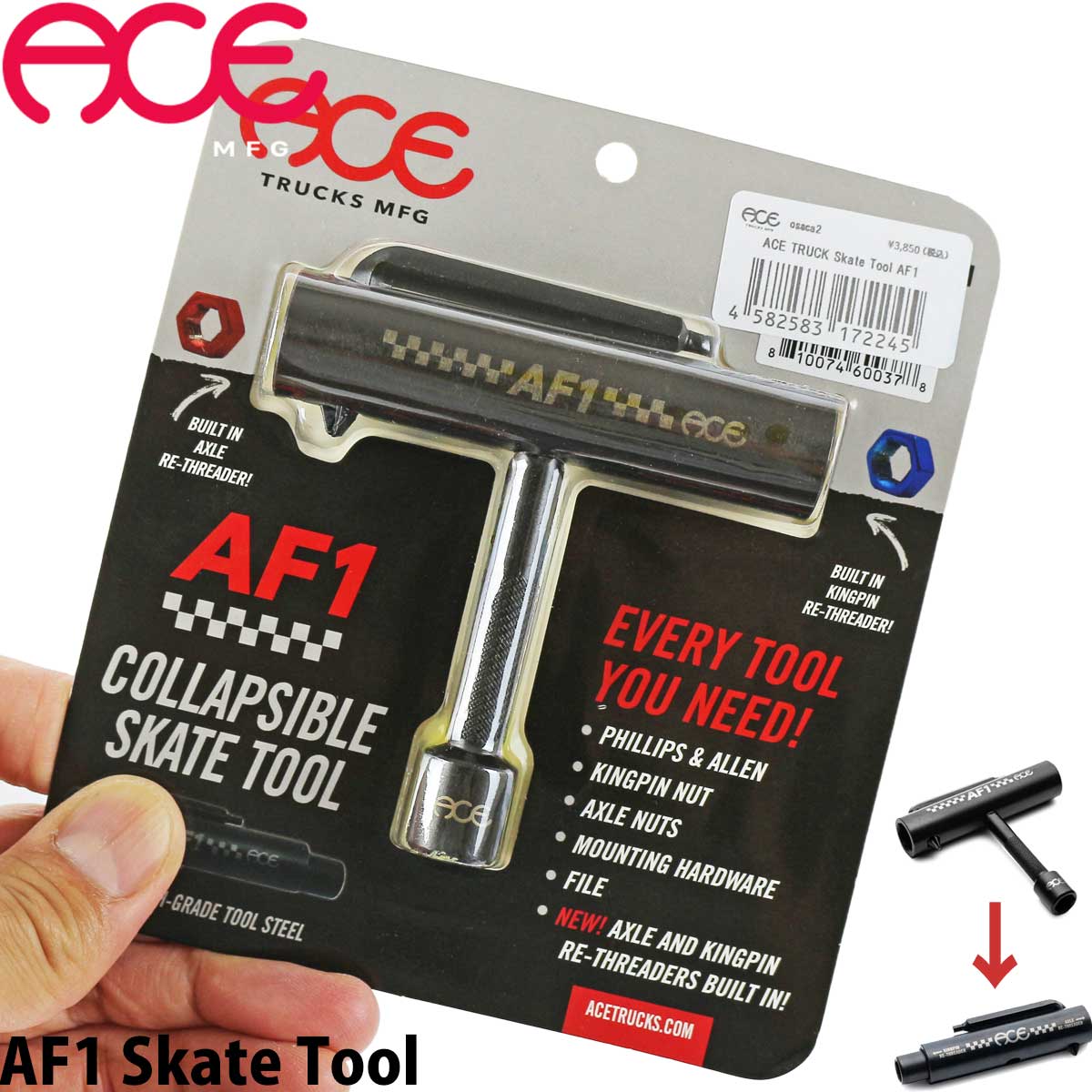 ■メーカーAce Trucks MFG エース トラック マニュファクチャリング■商品名AF1 Skate Tool エイエフワン スケートツール ■特徴・フィリップス(+)とアレン(HEX 六角) ・キングピンナット ・アクスルナット ・これ一本でスケボー組み立て全行程対応 ・デッキテープを削るやすりファイル機能 ・100%スチール素材 ・アクスルシャフトとキングピンのリスレッド(ねじ切り)補修機能内蔵 ・スーパーコンパクトデザイン■商品説明人気でかっこいいUSスケボーブランド「ACE エース」トラックのスケートツール。 新たなスケートツールの新しい機能を搭載しつつもクラシックツールよりもさらに持ち歩きやすいコンパクト設計を実現。 アクスルシャフトとキングピンのネジが潰れてもレンチに埋め込まれた硬化スチールの再ねじ切り器はストリートやスケボーパークなどどこにいてもトラックを簡単に補修することができます。 ハンドル取り付け金具部分にはローレット加工(いわゆる滑り止め)が施されているのでとても使いやすく、デッキテープ貼り付け時やボロボロと傷んだ時にはグリップテープをボードのエッジにやすり掛けする事ができます。 プラスドライバー兼六角レンチのチェックボール係合機構により折りたたみ時も外れにくい設計のなっていて紛失を防ぎます。 スチール製で丈夫で長持ち。樹脂製と比べて通常使用で折れる心配なし。デッキとトラックの装着、ウィール脱着、トラックブッシュ交換などスケボーの組み立て、ばらしがこれ1本で全て賄える初心者から上級者までマストな便利なアイテム。 スケボーライフで必要なすべてのツールが 1 つにまとめられた万能レンチをぜひ手に入れてみてはいかがでしょうか。ACEAF1 SKATE TOOL こちらの商品はこんなジャンルで探している方から選ばれています スケートボード スケボー コンプリート コンプリートセット サーフスケート デッキ トラック ウィール ベアリング ハードウェア ネジ ボルト ナット ステッカー スケボーシューズ スケシュー SB サーフィン サーフ ロングボード ショートボード ダウンヒル スノーボード スノボー こちらの商品はこんなスケボーブランドで探している方から選ばれています サンタクルーズ エレメント ガール チョコレート リアル アンチヒーロー クルキッド セクターナイン ヤウ カーバー ウッディープレス スラスター グローブ ペニー ファッキンオーサム ホッキー ソバーン ドゥームセイヤーズ スラッシャー ローカード ドッグタウン ブランク インディペンデント ベンチャー サンダー クラックス テンサー トラッカー ゼロ スピットファイア スピットファイヤ リクタ ボーンズ パウエル パウエルペラルタ OJ エスボード リップスティック ブレイブボード カットバック こちらの商品はこんなスケボースペックで探している方から選ばれています 7.375 7.5 7.6 7.75 7.81 8.0 8.1 8.25 8.5 8.6 inch インチ 50 51 52 53 54 55 56 57 58 59 60 mm ミリ ソフトウィール ハードウィール 80HD 90a 95a 99a 100a 101a 90d 95d 99d 100d 101d DURO ABEC7 ABEC5 こちらの商品はこんなシューズブランドで探している方から選ばれています バンズ ニューバランス コンバース エス エメリカ エトニーズ ラカイ コンズ CONS アシックス アディダス ナイキ こちらの商品はこんな目的で探している方から選ばれています 大人 大人用 子供 子供用 キッズ 初心者 おすすめ オススメ 初めての 交換 修理 メンテナンス リビルト プレゼント クリスマス こどもの日 誕生日 彼氏 彼女 友達 お祝い 贈り物 安い お得 珍しい レア 陸トレ 練習 トレーニング 体幹 体幹トレーニング ダイエット エクササイズ 運動 オシャレ かっこいい ストリート スポーツ クルーザー ちょっとした移動 評判 評価 良い 人気 巣ごもり 一人で遊べる 夏休み 冬休み 春休み 関連商品はこちら＼クーポン使用で5％引きも／エース ス...660円＼クーポン使用で5％引きも／エース カ...1,210円＼クーポン使用で5％引きも／エース シ...660円＼クーポン使用で5％引きも／エース ス...1,100円＼クーポン使用で5％引きも／エース ス...1,100円＼クーポン使用で5％引きも／エース ス...1,100円＼クーポン使用で5％引きも／エース ス...1,100円＼クーポン使用で5％引きも／エース ハ...660円スケボー トラック エース 33 ポリッシ...7,150円