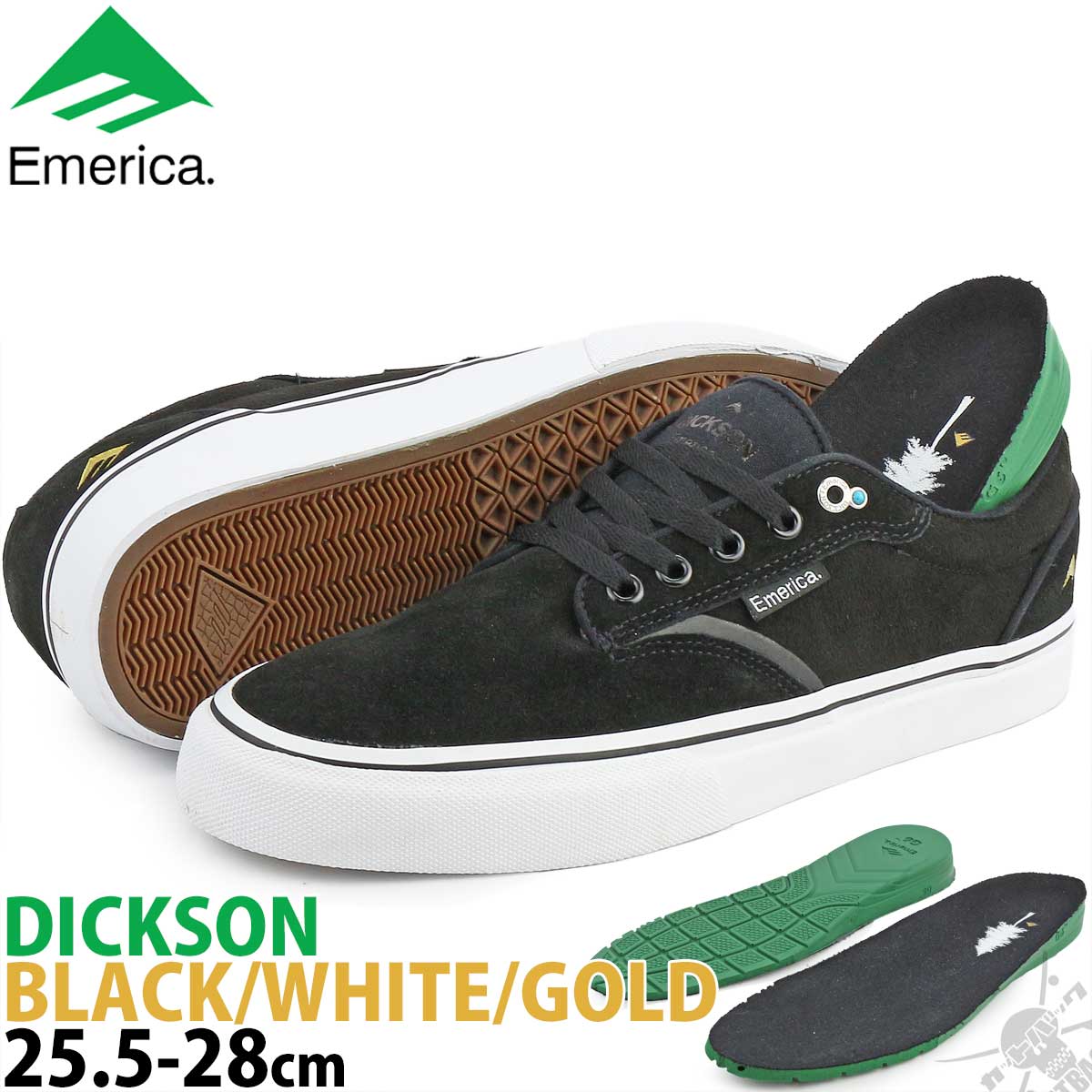 スケボー シューズ エメリカ 25.5-28 cm ディクソン ブラック/ホワイト/ゴールド Emerica Dickson G6 VULC Black/White/Gold スケートボード スエード バルク バルカナイズ スニーカー 靴 スケシュー ローカット メンズ サイズ ブランド 黒 白 最新モデル 新作 Jon Dickson