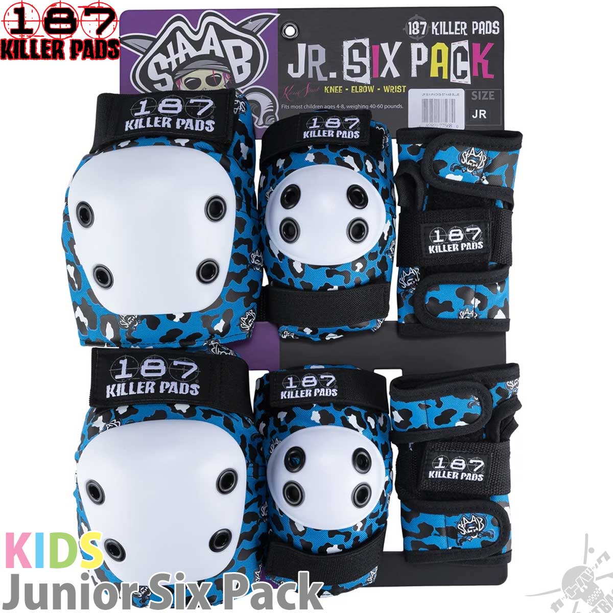 スケボー スケート プロテクター 187 キッズ 子供 Killerpads Junior Six Pack Staab Blue ヒジ ヒザ 手首 3点セット キラーパッド スケートボード パーク ランプ ユース ランプ ケビン スターブ ブルー ヒョウ柄 子供 小学生 低学年 幼児 園児 男の子 女の子