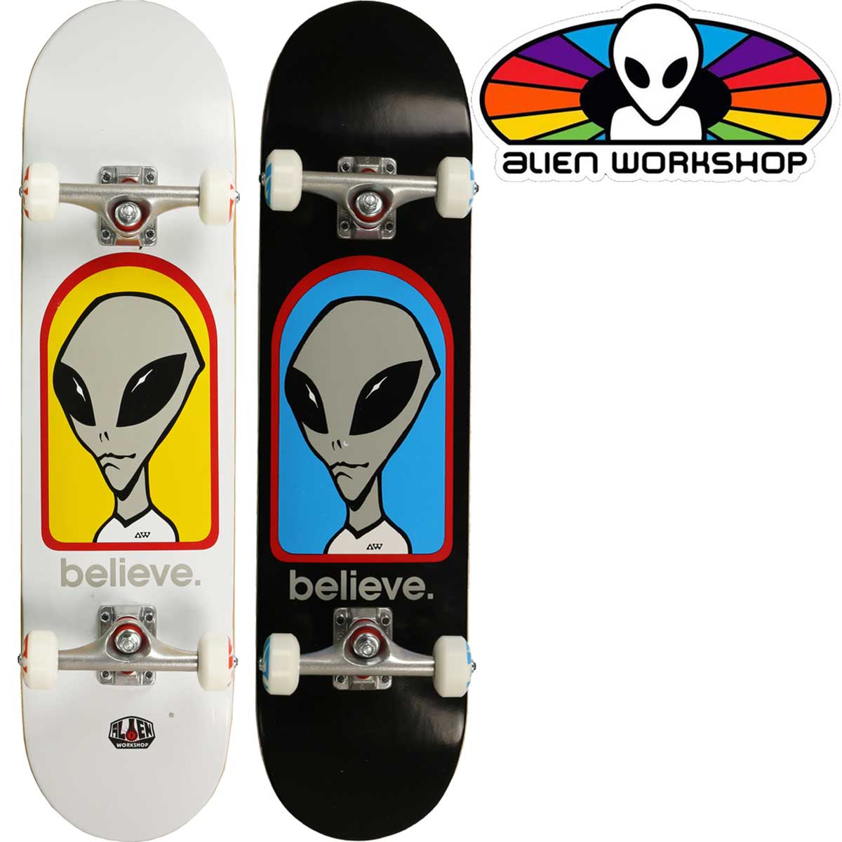 スケボー スケートスケートボード 純正コンプリート Alien Work Shop エイリアンワークショップ Believe Complete BLACK 7.75 78.4cm×19.6cm/WHITE 8.0 81.2cm×20.3cm