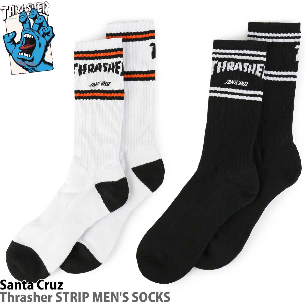 サンタクルーズ メンズ 靴下 スラッシャー ストライプソックス Santa Cruz Skateboards Thrasher SC Strip Mens Socks スケートボード ..