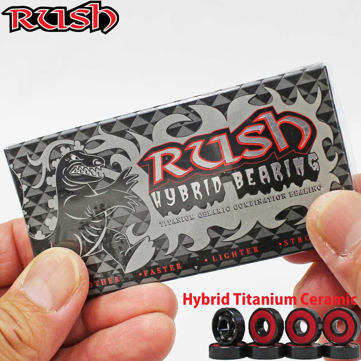 ラッシュ スケボー ベアリング パーツ Rush Hybrid Titanium Ceramic Combination Bearings スケートボード ハイブリッド チタニウム セラミック コンビネーション チリに強い オイルタイプ 8個セット スケボー1台分