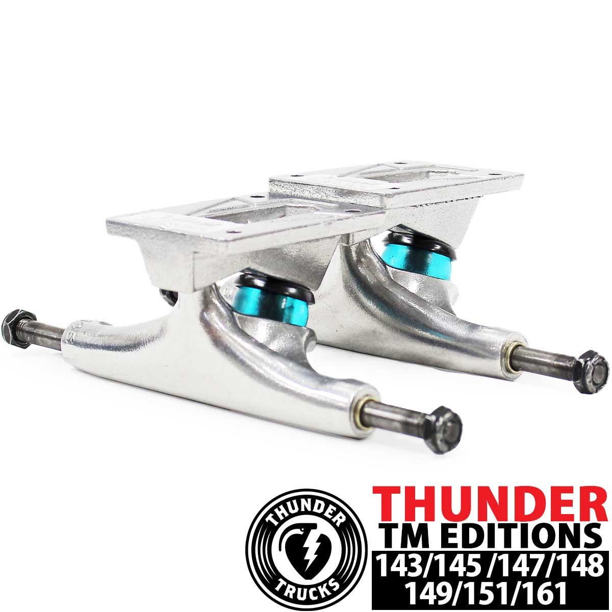 ■ブランド Thunder Trucks サンダー トラック ■商品名 Team Editions(TM) Polish Trucks チームエディション ポリッシュ トラック ■サイズ 143/145/147/148/149/151/161 ■カラー Polish Silver ポリッシュシルバー ■コントラクション ・SOLID AXLE ・SOLID KINGPIN ・TEAM EDITION BASEPLATE ■スペック ---143--- アクスルシャフト幅 7.12inch(180mm) ハンガー幅 4.5inch(114mm) シャフト中心高さ 1.96inch(50mm) 重さ 1個 約 320g 推奨デッキサイズ 7.4inch以下 (18.8cm以下) 他ブランド換算 インディ109&nbsp; ---145--- アクスルシャフト幅 7.62inch(193mm) ハンガー幅 5.0inch(127mm) シャフト中心高さ 1.96inch(50mm) 重さ 1個 約 332g 推奨デッキサイズ 7.4-7.9inch (18.8-20cm) 他ブランド換算 インディ129/ベンチャー5.0 ---147--- アクスルシャフト幅 8.0inch(203mm) ハンガー幅 5.3inch(135mm) シャフト中心高さ 1.96inch(50mm) 重さ 1個 約 344g 推奨デッキサイズ 7.9-8.12inch (20-20.6cm) 他ブランド換算 インディ139/ベンチャー5.2 ---148--- アクスルシャフト幅 8.25inch(209mm) ハンガー幅 5.6inch(143mm) シャフト中心高さ 1.96inch(50mm) 重さ 1個 約 368g 推奨デッキサイズ 8.12-8.38inch (20.6-21.2cm) 他ブランド換算 インディ144/ベンチャー5.6 ---149--- 入荷次第アップデート ---151--- 入荷次第アップデート ---161--- 入荷次第アップデート ■商品情報 ストリートスケーターから支持されるサンダートラックの定番モデル「TM EDITION POLISHED SILVER(チームエディション ポリッシュシルバー)」。 素早いターンレスポンスと安定したライディング性能を両立し、軽い力でもデッキを弾きやすい設計が特徴です。オーリーやフリップトリックのしやすさに優れ、初心者から上級者までレベルを問わず愛用されています。 ハンガー高は約50mm。ローとハイの中間にあたる絶妙な高さで、安定感・反応の良さ・トリック性能のバランスに優れています。サイズ52-56mmウィールと相性が良く、ストリートからパークまで幅広いスタイルに対応します。 シンプルなポリッシュシルバー仕上げは、どんなデッキカラー、デザインにも合わせやすく、ずっと使えるシンプルデザイン。迷ったらまず選びたい、THUNDERを代表するスタンダードモデルです。 ■おすすめポイント ・クイックで軽快なターン性能 ・オーリー・フリップトリックがしやすい設計 ・約50mm高さで安定感と操作性を両立 ・初心者から上級者まで幅広い層におすすめ ・シンプルで飽きのこないポリッシュシルバー仕上げ ■概要 サンダートラック は、1986年にアメリカで誕生した人気スケートボードトラックブランド。軽量設計とクイックなターン性能を特徴とし、ストリートスケートを中心に世界中のプロ・アマチュアスケーターから高い支持を集めています。操作性・耐久性のバランスに優れた定番ブランドです。 ■リンク その他サンダーはコチラTHUNDER TRUCKS- スケボートラック- スケボー サンダー - トラック サンダー スケボー THUNDER TM POLISH TRUCKS │143│145│147│148│149│151│161│ ■ブランド Thunder Trucks サンダー トラック ■商品名 Team Editions(TM) Polish Trucks チームエディション ポリッシュ トラック ■サイズ 143/145/147/148/149/151/161 ■カラー Polish Silver ポリッシュシルバー ■コントラクション ・SOLID AXLE ・SOLID KINGPIN ・TEAM EDITION BASEPLATE ■スペック ---143--- アクスルシャフト幅 7.12inch(180mm) ハンガー幅 4.5inch(114mm) シャフト中心高さ 1.96inch(50mm) 重さ 1個 約 320g 推奨デッキサイズ 7.4inch以下 (18.8cm以下) 他ブランド換算 インディ109&nbsp; ---145--- アクスルシャフト幅 7.62inch(193mm) ハンガー幅 5.0inch(127mm) シャフト中心高さ 1.96inch(50mm) 重さ 1個 約 332g 推奨デッキサイズ 7.4-7.9inch (18.8-20cm) 他ブランド換算 インディ129/ベンチャー5.0 ---147--- アクスルシャフト幅 8.0inch(203mm) ハンガー幅 5.3inch(135mm) シャフト中心高さ 1.96inch(50mm) 重さ 1個 約 344g 推奨デッキサイズ 7.9-8.12inch (20-20.6cm) 他ブランド換算 インディ139/ベンチャー5.2 ---148--- アクスルシャフト幅 8.25inch(209mm) ハンガー幅 5.6inch(143mm) シャフト中心高さ 1.96inch(50mm) 重さ 1個 約 368g 推奨デッキサイズ 8.12-8.38inch (20.6-21.2cm) 他ブランド換算 インディ144/ベンチャー5.6 ---149--- 入荷次第アップデート ---151--- 入荷次第アップデート ---161--- 入荷次第アップデート ■商品情報 ストリートスケーターから支持されるサンダートラックの定番モデル「TM EDITION POLISHED SILVER(チームエディション ポリッシュシルバー)」。 素早いターンレスポンスと安定したライディング性能を両立し、軽い力でもデッキを弾きやすい設計が特徴です。オーリーやフリップトリックのしやすさに優れ、初心者から上級者までレベルを問わず愛用されています。 ハンガー高は約50mm。ローとハイの中間にあたる絶妙な高さで、安定感・反応の良さ・トリック性能のバランスに優れています。サイズ52-56mmウィールと相性が良く、ストリートからパークまで幅広いスタイルに対応します。 シンプルなポリッシュシルバー仕上げは、どんなデッキカラー、デザインにも合わせやすく、ずっと使えるシンプルデザイン。迷ったらまず選びたい、THUNDERを代表するスタンダードモデルです。 ■おすすめポイント ・クイックで軽快なターン性能 ・オーリー・フリップトリックがしやすい設計 ・約50mm高さで安定感と操作性を両立 ・初心者から上級者まで幅広い層におすすめ ・シンプルで飽きのこないポリッシュシルバー仕上げ ■概要 サンダートラック は、1986年にアメリカで誕生した人気スケートボードトラックブランド。軽量設計とクイックなターン性能を特徴とし、ストリートスケートを中心に世界中のプロ・アマチュアスケーターから高い支持を集めています。操作性・耐久性のバランスに優れた定番ブランドです。 ■リンク その他サンダーはコチラ