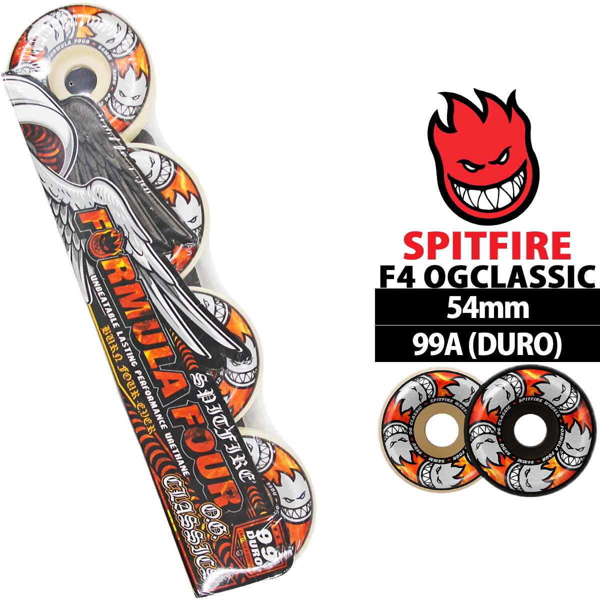 ■ブランド Spitfire Wheels スピットファイア ウィール ■商品名 F4 Formula Four OG Classic Multiball Natural フォーミュラフォー オリジナルクラシック マルチボール ナチュラル ■サイズ/カラー 54 Natural マルチ ■スペック 径x全幅x接地面50x30x14.5mm 54x32.5x22mm ■硬度 99DURO ハード ■シェイプ OG Classic オリジナルクラシック ■重さ/4個 ※パッケージのまま計測 260g ■メーカー希望小売価格 9350円(税込) ■特徴 ・スピットファイアチーム公認モデル ・軽量化したサイドカット形状 ・スピード維持性能が高い ・グラインド時の安定感 ・あらゆる路面状況に対応 ■商品情報 世界のスケーターから絶大な指示を得る初心者からプロまで全てのレベルのスケーターから信頼されるナンバーワンウィールブランド。 F4(Formula Four)はより速いスピード、優れたグリップ力、高耐久性で長寿命、摩耗しにくく優れたパンク耐性により安心して使用できます。 OGクラシックシェイプは、スピットウィールの伝統的なクラシック形状をベースにしながら、接地面（ライディングサーフェス）を広くした形状。クラシックとコニカルの中間のような乗り味で、ストリートからパークまで幅広く対応。 軽快さを犠牲にしないで安定感を大きく高めた、とてもバランスの良い人気シェイプの一つです。ストリートを中心に、パークやランプまで幅広く楽しみたいスケーターに特におすすめです 常に最先端を行くサイズ、硬度、シェイプが豊富なスピットファイアウィールをぜひご検討ください。 ■スタイル ・ストリート ・パーク ・ランプ ・コンペティション ■概要 1987年に設立された世界的に有名なスケートボードウィールブランドです。長年の技術と経験に基づいた、信頼性の高い製品を常に世界のスケーターに提供し、その高い品質と性能で、スケートボード業界を牽引するブランドを担っています。 ■ご注意事項 同梱ステッカー、ラベルの有無、シュリンク破れ、わずかな擦り傷、ウィール黄ばみがある場合があります。 海外輸入品の性質上、上記事柄については製品不良に含まれませんので予めご了承ください ■リンク その他スピットファイアウィールはコチラスケートボード- スケボー- ウィール - スケボー スピットファイア SPITFIRE FORMULA FOUR URETHANE F4 OG CLASSIC MULTIBALL WHEELS 54mm 99A (DURO) ■ブランド Spitfire Wheels スピットファイア ウィール ■商品名 F4 Formula Four OG Classic Multiball Natural フォーミュラフォー オリジナルクラシック マルチボール ナチュラル ■サイズ/カラー 54 Natural マルチ ■スペック 径x全幅x接地面50x30x14.5mm 54x32.5x22mm ■硬度 99DURO ハード ■シェイプ OG Classic オリジナルクラシック ■重さ/4個 ※パッケージのまま計測 260g ■メーカー希望小売価格 9350円(税込) ■特徴 ・スピットファイアチーム公認モデル ・軽量化したサイドカット形状 ・スピード維持性能が高い ・グラインド時の安定感 ・あらゆる路面状況に対応 ■商品情報 世界のスケーターから絶大な指示を得る初心者からプロまで全てのレベルのスケーターから信頼されるナンバーワンウィールブランド。 F4(Formula Four)はより速いスピード、優れたグリップ力、高耐久性で長寿命、摩耗しにくく優れたパンク耐性により安心して使用できます。 OGクラシックシェイプは、スピットウィールの伝統的なクラシック形状をベースにしながら、接地面（ライディングサーフェス）を広くした形状。クラシックとコニカルの中間のような乗り味で、ストリートからパークまで幅広く対応。 軽快さを犠牲にしないで安定感を大きく高めた、とてもバランスの良い人気シェイプの一つです。ストリートを中心に、パークやランプまで幅広く楽しみたいスケーターに特におすすめです 常に最先端を行くサイズ、硬度、シェイプが豊富なスピットファイアウィールをぜひご検討ください。 ■スタイル ・ストリート ・パーク ・ランプ ・コンペティション ■概要 1987年に設立された世界的に有名なスケートボードウィールブランドです。長年の技術と経験に基づいた、信頼性の高い製品を常に世界のスケーターに提供し、その高い品質と性能で、スケートボード業界を牽引するブランドを担っています。 ■ご注意事項 同梱ステッカー、ラベルの有無、シュリンク破れ、わずかな擦り傷、ウィール黄ばみがある場合があります。 海外輸入品の性質上、上記事柄については製品不良に含まれませんので予めご了承ください ■リンク その他スピットファイアウィールはコチラ