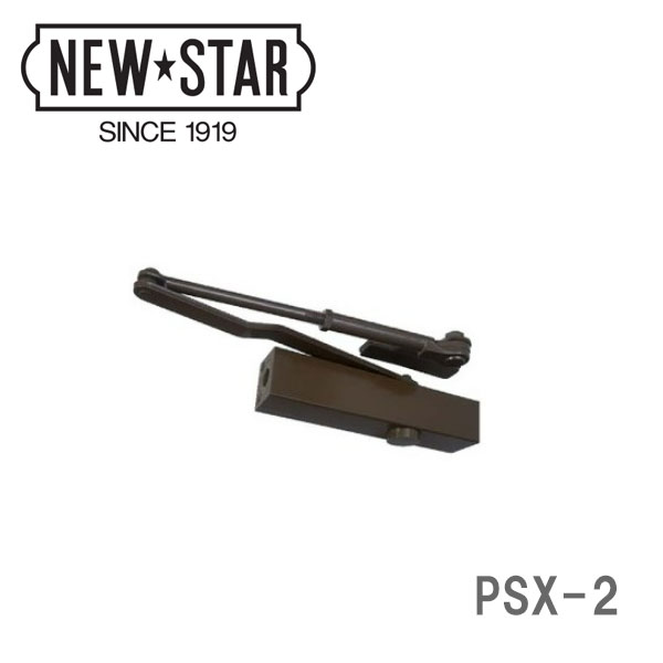 商品説明 NEWSTAR(ニュースター) ドアクローザー PSX-2 RYOBI、NHN、MIWA等の他社ドアクローザーを同じ取付ネジ位置で取替ができます。 ドアクローザはメーカーや機種によって取付ネジ位置が異なりますが、PSX-2・PSX-3は取付板に複数の取付穴が空いており、様々なネジ位置に対応出来るようになっております。 商品スペック 機能性 ・シャープなデザインでコンパクト設計。取付ネジが露出しないので外観がスッキリ。 ・閉扉速度調整は3バルブ方式。 ドアを確実に閉鎖するラッチング機能付。 ・ストップ角度は70°〜180°の任意の角度に設定可能。 ・左右兼用タイプ。本体を上下転倒し、閉扉速度調整バルブを吊元側に向けて使用して下さい。 型番PSX-2 カラーバーントアンバー 適用ドア幅（mm 以下）900 ドア重量（kg 以下）45 左右勝手左右兼用 注意事項 ◆メーカー発注後のキャンセル、初期不良・当社手違い以外の返品交換は、お受けいたしかねます。 ◆ご使用環境に適合するか、十分ご確認のうえお買い求めください。ご不明な点につきましては、お気軽にお問い合わせ下さい。 ◆納期に関しましては、在庫状況により異なる場合がございますので、お急ぎの方は、事前にお問い合わせ下さい。