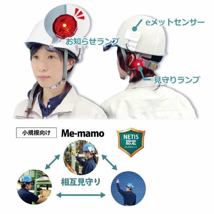 ヘルメットに装着するだけで仲間同士で熱中症を見守る ■額部分に取り付けたセンサーで計測 ■ヘルメット取付型の為、付け忘れなし ■自身の危険を周囲にお知らせ ■仲間の危険発生を周知 ■スマホ・サーバー・個人情報不要のため、すぐに使える ■お互いの見守りをするには2台以上の購入が必要 ■異常が発生すると、おしらせランプで本人だけでなく周囲の作業員にも異常発生をお知らせするので 作業者間で互いに見守りが可能です ■親機間の通信距離：最大10m 　※障害物、およびその材質などの要因により変化します。 【サイズ】65 × 40 × 15mm 【重量】35g 【材質】ABS樹脂製 【付属品】本体センサー、見守りランプ、お知らせランプ、センサークリップ、センサー汗止め、コイン形リチウム電池 CR2032 × 3、取り扱い説明書