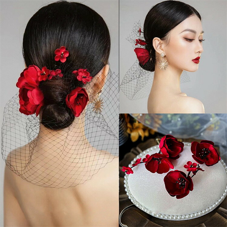 4点セット　ヘッドドレス　レッド　花　ホワイト　パーティー 2次会 ブライダル　ヘッドドレス　 結婚..