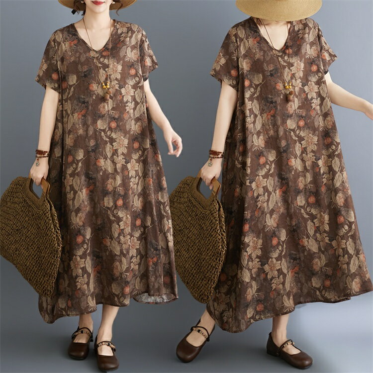 樂天商城 - レディース　ワンピース　ブラウン　花柄　20代　30代　40代　50代　プリント　サマー　半袖　ロングワンピース　ロング丈　体型カバー　肉隠し　リゾート風 V ネック　旅行　フリーサイズ　きれいめ　マキシワンピース　　オシャレ かわいい