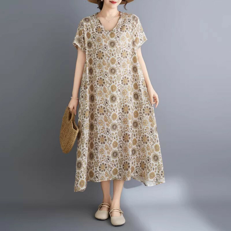 樂天商城 - レディース　ワンピース　ベージュ　花柄　20代　30代　40代　50代　プリント　サマー　半袖　ロングワンピース　ロング丈　体型カバー　肉隠し　リゾート風 V ネック　旅行　フリーサイズ　きれいめ　マキシワンピース　　オシャレ かわいい