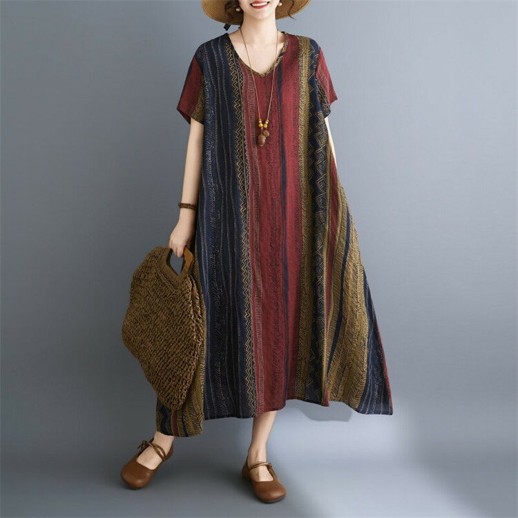 樂天商城 - レディース　ワンピース　レッド　ストライプ柄　20代　30代　40代　50代　プリント　サマー　半袖　ロングワンピース　ロング丈　体型カバー　肉隠し　リゾート風 V ネック　旅行　フリーサイズ　きれいめ　マキシワンピース　　オシャレ かわいい