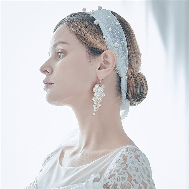 即納　ヘッドドレス +ピアス　2点セット カチューシャ パールベール　ブライダル　 ヘアバンド ウェディング 着物 髪飾り 花嫁 お呼ばれ フォーマル ヘアアクセサリー レディース 結婚式 卒業式 二次会 パーティー 演奏会　ブライダル　ベール　ウエディングベール