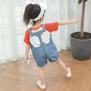 即納 ブルー 90-130cm キッズ ボトムス 女の子 サスペンダーパンツ デニム 女の子 サロペット 半ズボン おしゃれ 可愛い 子供 カジュアル