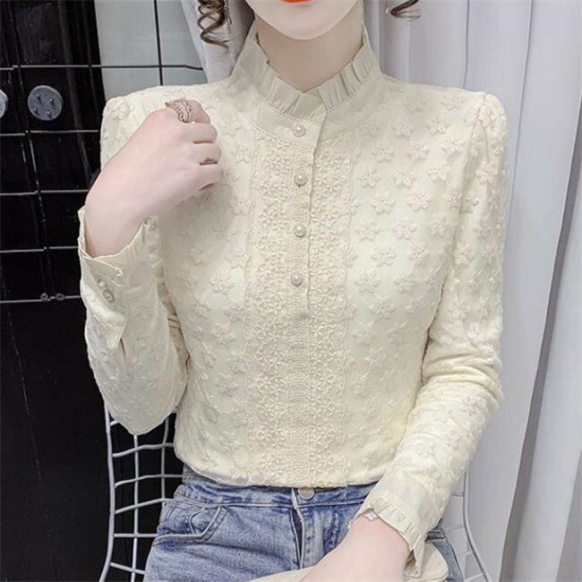ベージュ/ブラック/ホワイト　裏ファー　前開き　ブラウス レディース きれいめ 40代 春夏秋新作 オシャレ　総レース　ブラウス 丸襟　シャツ 長袖トップス 大人 通勤OL ゆったり シャツ30代 50代　tシャツ　暖かい