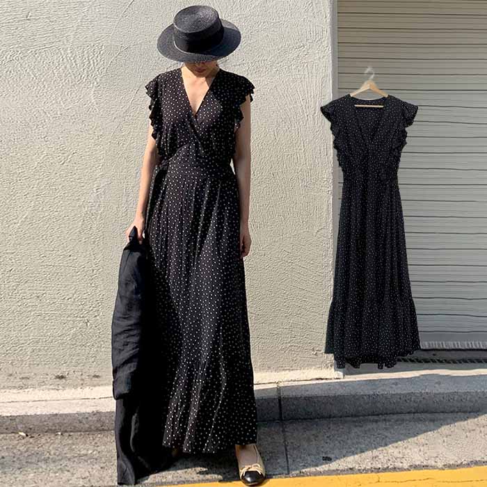 ワンピース 夏 レディース きれいめ ロング丈 ドット柄 ロングワンピース フリル袖 春夏 ワンピ ロングワンピ マキシ丈 マキシワンピー ドット 水玉 フレアワンピース 着痩せ 大人 リゾート ビーチ 海 ゆったり 体型カバー おしゃれ 可愛い お出かけ お呼ばれのサムネイル