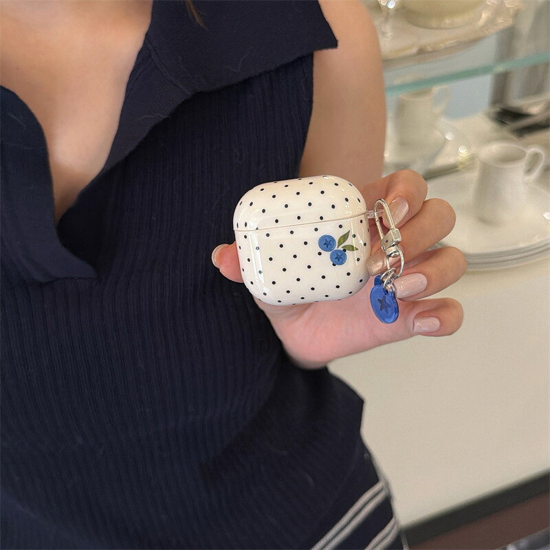 ドッド柄 ブルーベリー チャーム付き airpodsケースAirPods ProケースAirPods第3世代AirPodsPro第2世代AirPods1/2airpods第1/第2世代airpods第3世代airpods第4世代AirPodsPro第3世代 イヤホンケース プレゼント 贈り物 記念日 誕生日