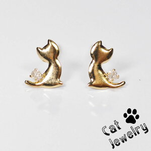 K18 天然ダイヤモンド 猫 ピアス 18金イエローゴールド スタッドピアス キャットピアス