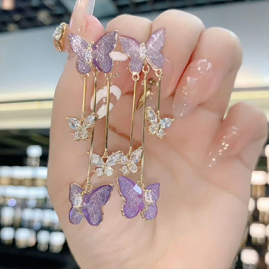 バタフライドロップピアス キュービックジルコニア パープル ゴールド 浴衣 夏 ア...
