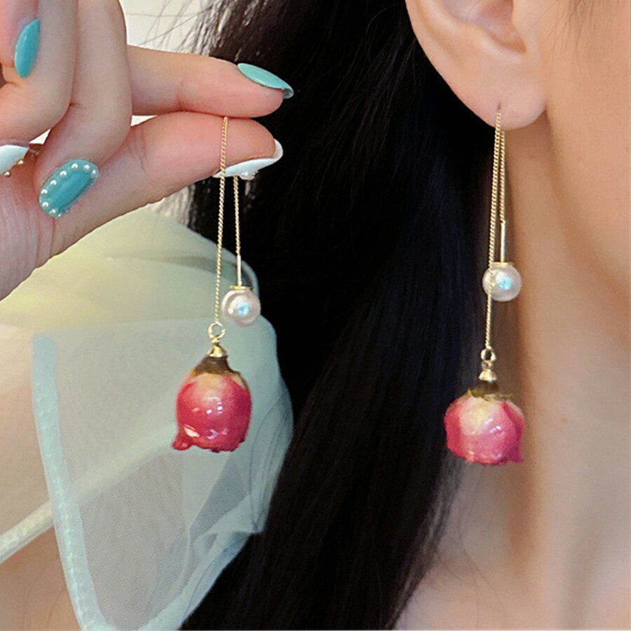 Rakuten - リアルローズドライフラワー風ロングチェーンピアス パールキャッチ パーティー 二次会 女子会 デート 大人女子 レディース 卒業入学 送料無料 Mimi みみミミ ap320