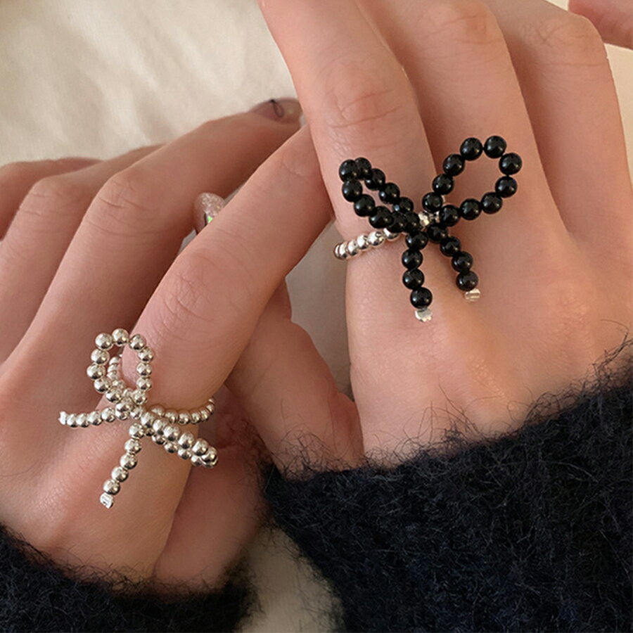 リボンモチーフビーズリング シルバー ブラック ワンポイント おしゃれ かわいい レディース 送料無料 ..